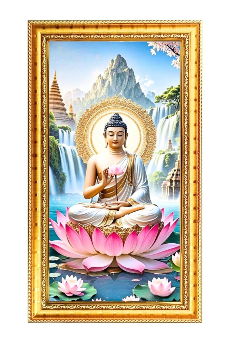 Lord Buddha Digital Golden Color Photo Frame | Hindu Religious Wall Decor | 8x15 Inches - Inspirational Wall Art For Office, Home Decor - Ideal Spiritual Gift (F10356)
