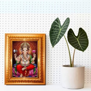 Lord Ganesh Golden Designer Photo Frame | 10x14 Inch Religious Wall Hanging Frame For Home & Office Decoration | Hindu Deity Lord Ganesh Spiritual Gift Item