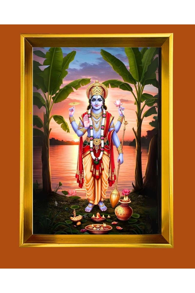 Lord Vishnu Golden Photo Frame - 16x20 Inches | Elegant Wooden Frame For Home, Office & Temple Decoration | Spiritual Wall & Table Decor And Gift Item (F9722)