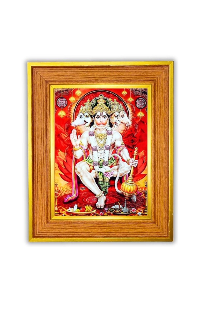 Five-faced Avataar Of Lord Hanuman Photo Frame 18x22 Inches-Brown Wooden Frame For Home, Office & Temple Decoration And Gifting (F6487)