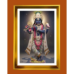 Divine Krishna Golden Photo Frame - 10x14 Inches | Elegant Wooden Frame For Home, Office & Temple Decoration | Spiritual Wall & Table Decor and Gift Item