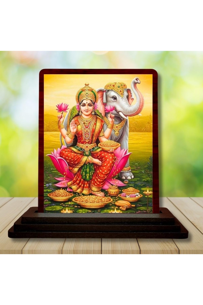 Car Desk/Table Top Goddess Lakshmi Wooden Photo Stand 3x4 Inches, Compact & Stylish Spiritual Display For Car, Home & Office (Pack Of 1) (F14556)