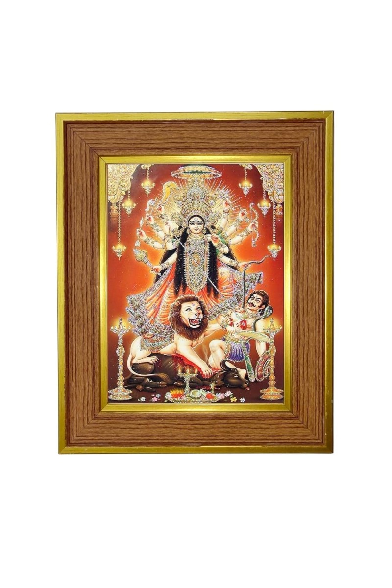 Mahishasura Mardini Photo Frame 10x14 Inches-Brown Wooden Frame For Home, Office & Temple Decoration And Gifting (F6291)