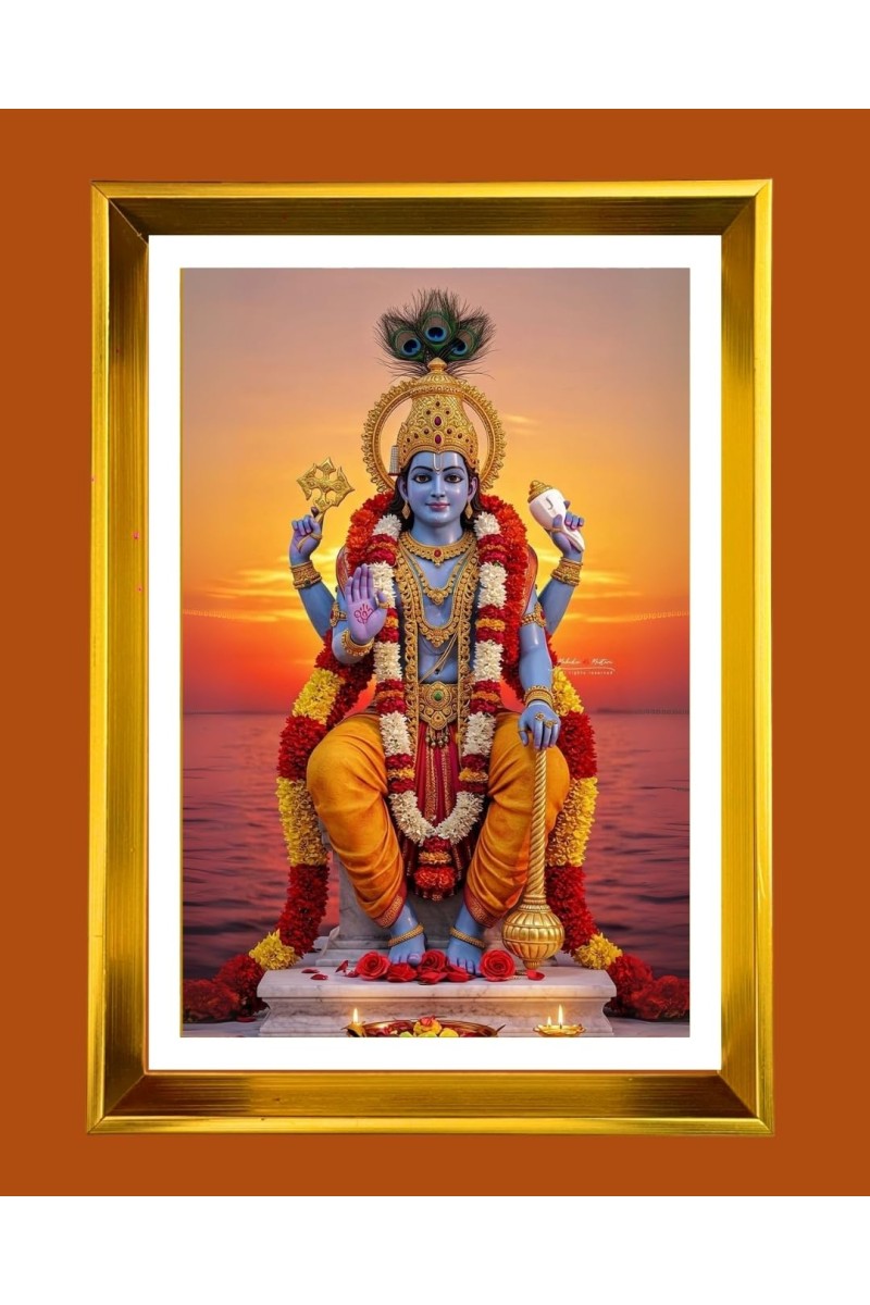 Lord Vishnu Golden Photo Frame - 16x20 Inches | Elegant Wooden Frame For Home, Office & Temple Decoration | Spiritual Wall & Table Decor And Gift Item (F9509)