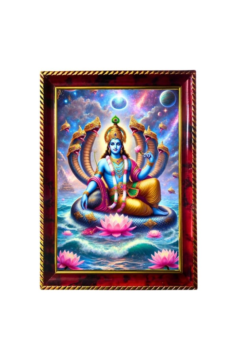 Lord Vishnu Photo Frame For Wall & Table | 7x9 Inch Golden Cherry Finish | Decorative Lord Vishnu Photo Frame For Home, Office & Pooja Room (F11450)