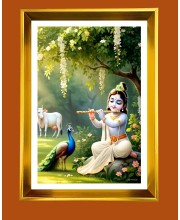 Little Krishna Golden Photo Frame - 10x14 Inches | Elegant Wooden Frame For Home, Office & Temple Decoration | Spiritual Wall & Table Decor and Gift Item