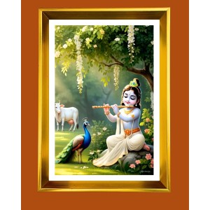 Little Krishna Golden Photo Frame - 14x18 Inches | Elegant Wooden Frame For Home, Office & Temple Decoration | Spiritual Wall & Table Decor And Gift Item (F9920)