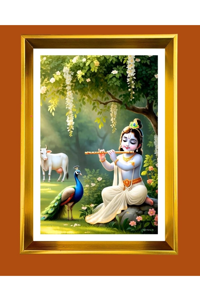 Little Krishna Golden Photo Frame - 10x14 Inches | Elegant Wooden Frame For Home, Office & Temple Decoration | Spiritual Wall & Table Decor And Gift Item (F9920)