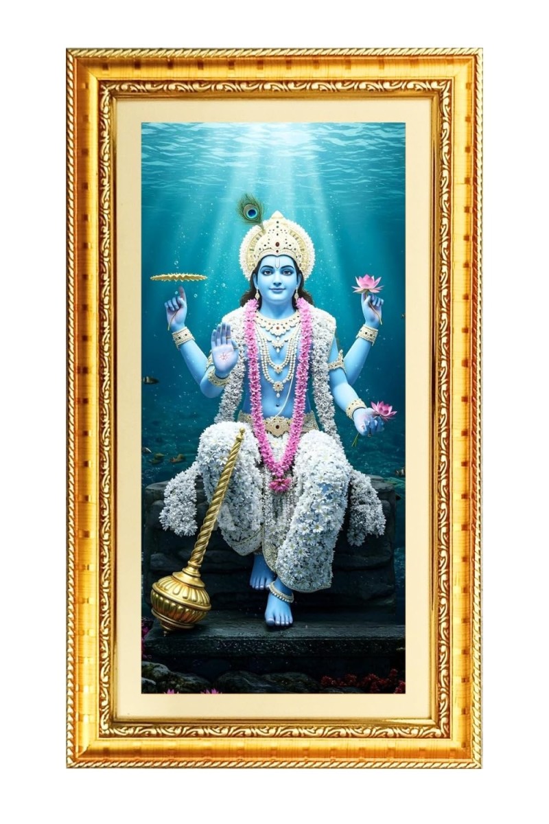 Lord Vishnu Digital Golden Color Photo Frame | Hindu Religious Wall Decor | 8x15 Inches - Inspirational Wall Art For Office, Home Decor - Ideal Spiritual Gift (F10394)