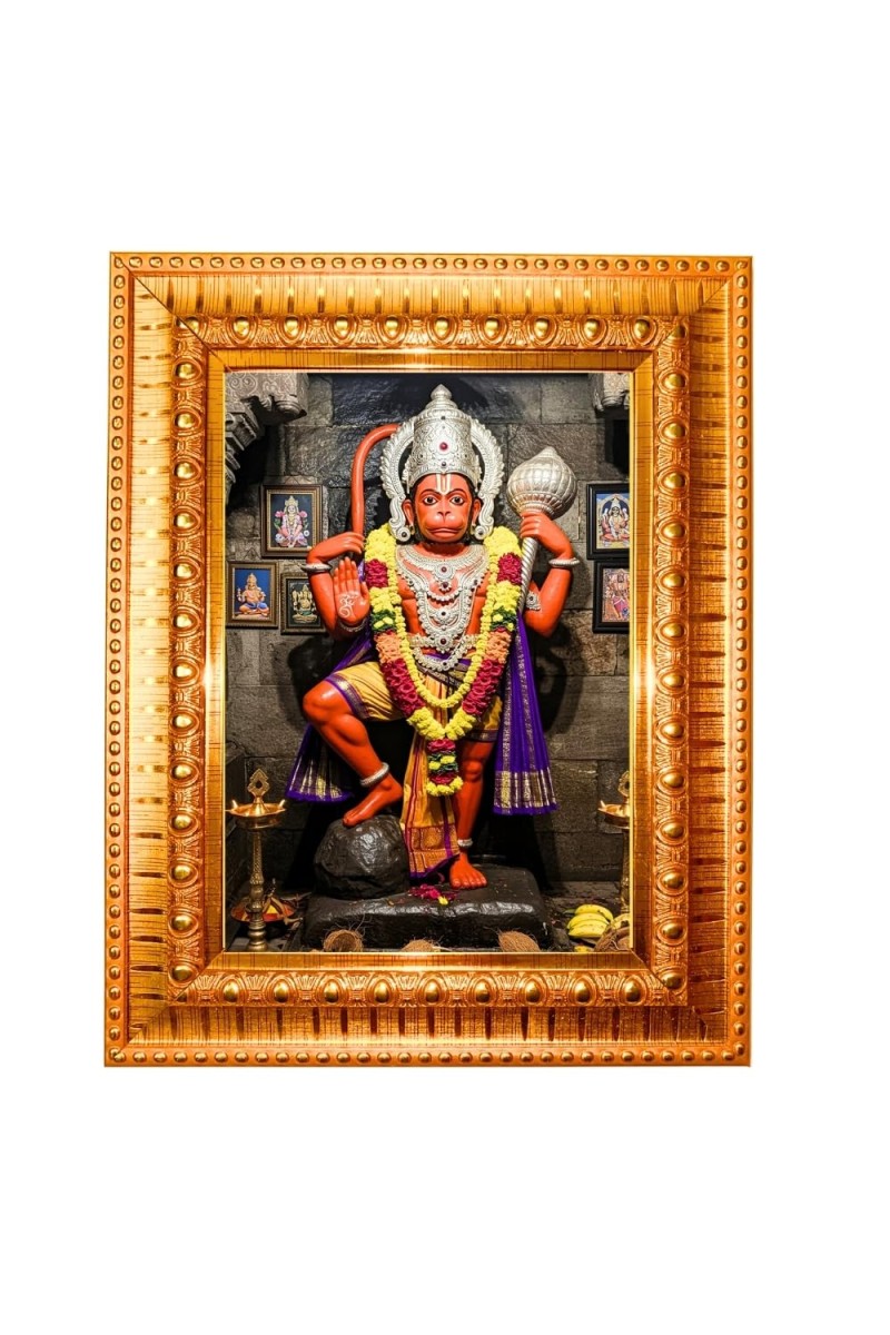 Lord Hanuman Golden Designer Photo Frame | 10x14 Inch Religious Wall Hanging Frame For Home & Office Decoration | Hindu Deity Spiritual Gift Item
