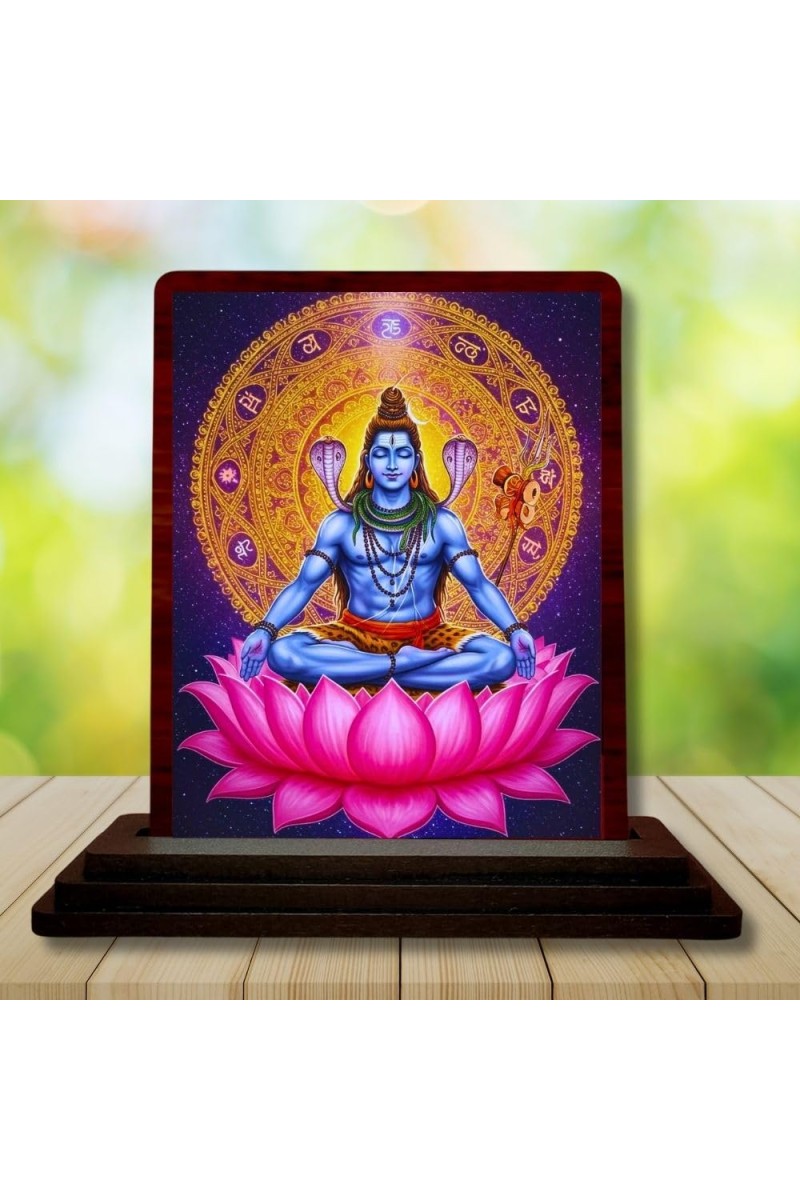 Car Desk/Table Top Lord Shiva Wooden Photo Stand 3x4 Inches, Compact & Stylish Spiritual Display For Car, Home & Office (Pack Of 1) (F14148)