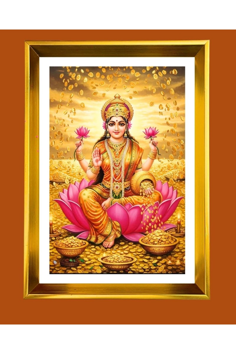 Mata Lakshmi Golden Photo Frame - 14x18 Inches | Elegant Wooden Frame For Home, Office & Temple Decoration | Spiritual Wall & Table Decor And Gift Item (F9684)
