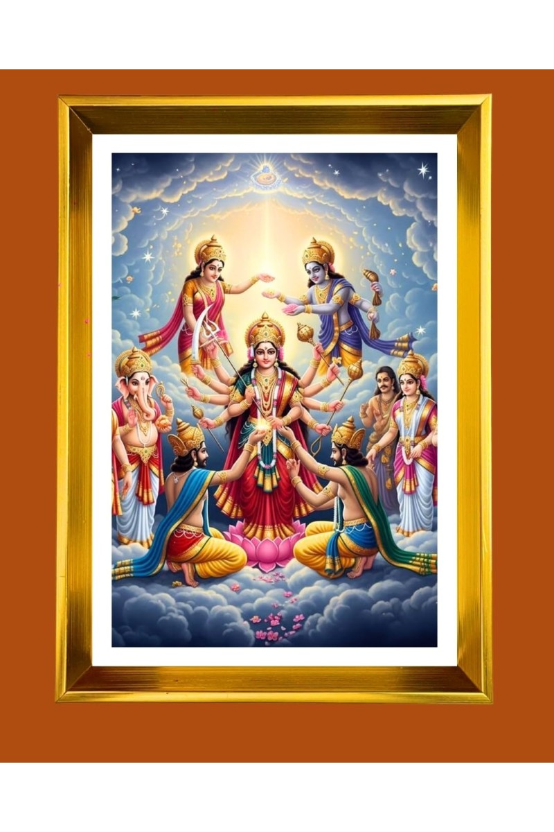 Devi Durga Golden Photo Frame - 16x20 Inches | Elegant Wooden Frame For Home, Office & Temple Decoration | Spiritual Wall & Table Decor And Gift Item (F9891)