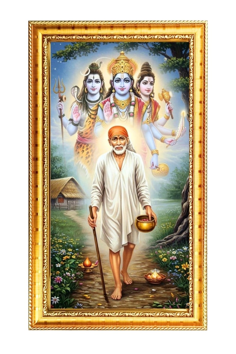 Shirdi Sai Baba Digital Golden Color Photo Frame | Hindu Religious Wall Decor | 8x15 Inches - Inspirational Wall Art For Office, Home Decor - Ideal Spiritual Gift (F10213)