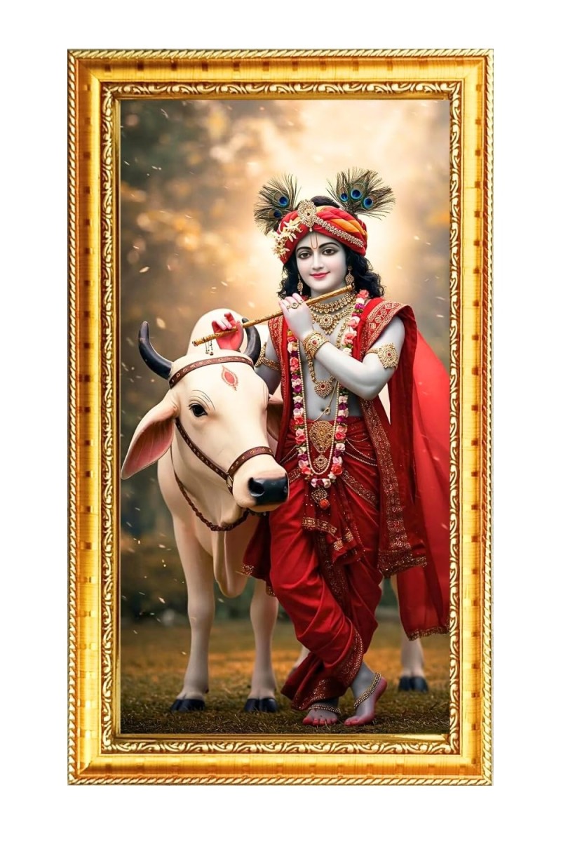 Little Krishna Digital Golden Color Photo Frame | Hindu Religious Wall Decor | 8x15 Inches - Inspirational Wall Art For Office, Home Decor - Ideal Spiritual Gift (F10283)