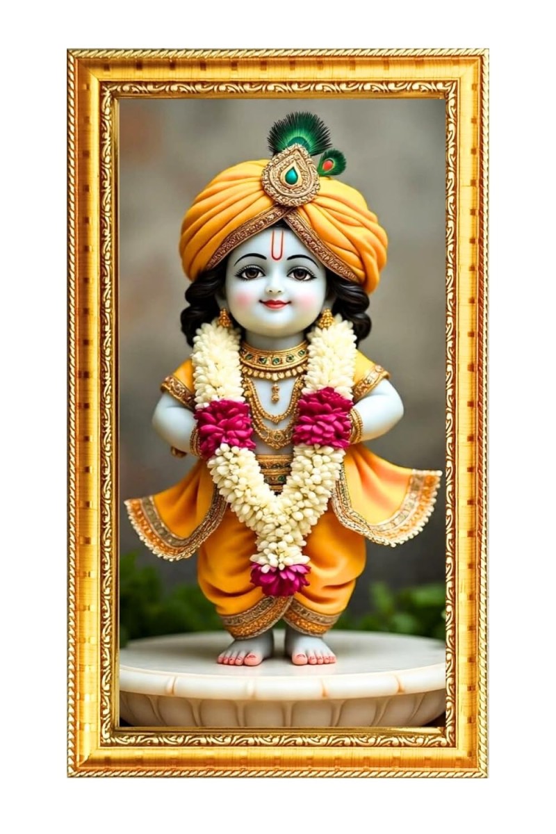 Cute Little Baby Krishna Digital Golden Color Photo Frame | Hindu Religious Wall Decor | 8x15 Inches - Inspirational Wall Art For Office, Home Decor - Ideal Spiritual Gift (F10244)