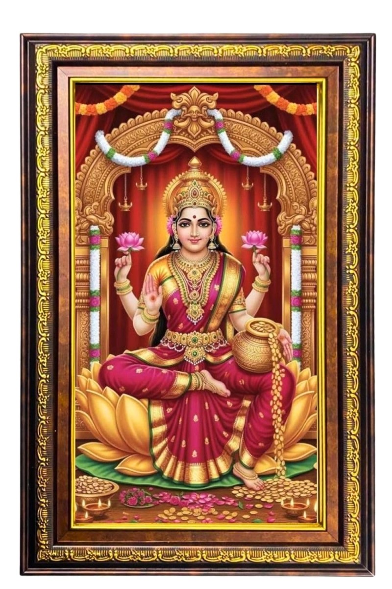Goddess Lakshmi Digital Golden Balck Color Photo Frame | Hindu Religious Wall Decor | 10x16 Inches - Inspirational Wall Art For Office, Home Decor - Ideal Spiritual Gift (F16495)
