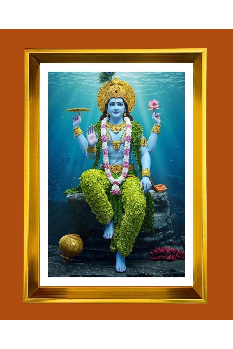 Lord Vishnu Golden Photo Frame - 16x20 Inches | Elegant Wooden Frame For Home, Office & Temple Decoration | Spiritual Wall & Table Decor And Gift Item (F9419)