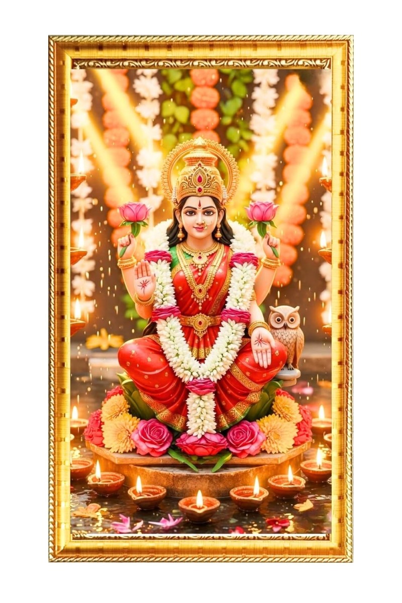 Mata Laxmi Digital Golden Color Photo Frame | Hindu Religious Wall Decor | 8x15 Inches - Inspirational Wall Art For Office, Home Decor - Ideal Spiritual Gift (F10204)