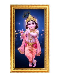 Divine Krishna Digital Golden Color Photo Frame | Hindu Religious Wall Decor | 8x15 Inches - Inspirational Wall Art For Office, Home Decor - Ideal Spiritual Gift (F10338)
