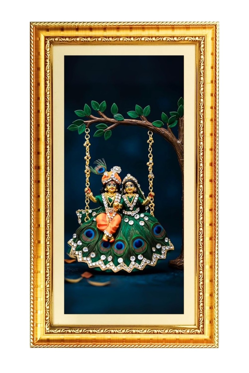 Divine Radha Krishna Digital Golden Color Photo Frame | Hindu Religious Wall Decor | 10x17 Inches - Inspirational Wall Art For Office, Home Decor - Ideal Spiritual Gift (F10393)