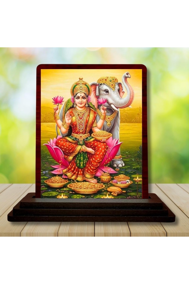 Car Desk/Table Top Goddess Lakshmi Wooden Photo Stand 3x4 Inches, Compact & Stylish Spiritual Display For Car, Home & Office (Pack Of 1) (F14528)
