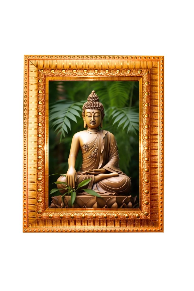 Lordb Buddha Golden Designer Photo Frame | 10x14 Inch Religious Wall Hanging Frame For Home & Office Decoration | Hindu Deity Spiritual Gift Item