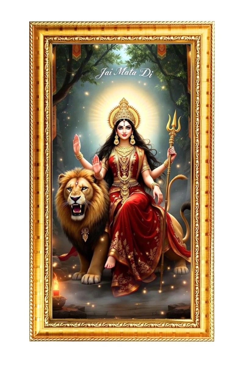 Devi Durga Digital Golden Color Photo Frame | Hindu Religious Wall Decor | 10x17 Inches - Inspirational Wall Art For Office, Home Decor - Ideal Spiritual Gift (F10375)