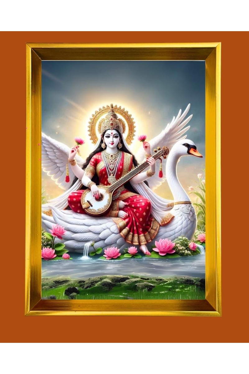 Mata Sraswati Golden Photo Frame - 10x14 Inches | Elegant Wooden Frame For Home, Office & Temple Decoration | Spiritual Wall & Table Decor And Gift Item (F9861)
