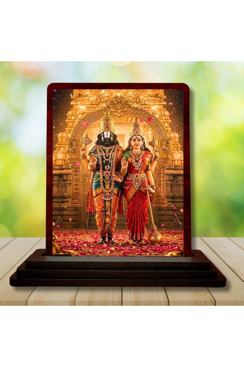 Car Desk/Table Top Lord Venkateswara With Goddess Lakshmi. Wooden Photo Stand 3x4 Inches, Compact & Stylish Spiritual Display For Car, Home & Office (Pack Of 1) (F14359)