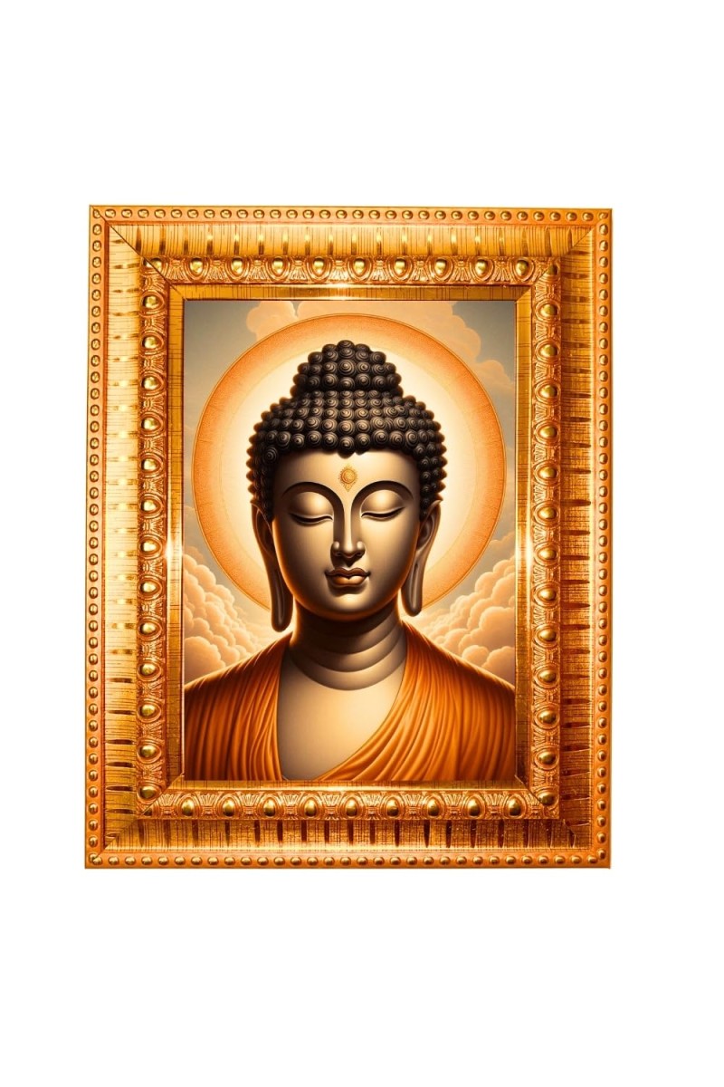Lord Buddha Golden Designer Photo Frame | 10x14 Inch Religious Wall Hanging Frame For Home & Office Decoration | Hindu Deity Spiritual Gift Item