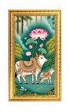 Cows With Lotus Flower Digital Golden Color Photo Frame | Hindu Religious Wall Decor | 12x19 Inches - Inspirational Wall Art For Office, Home Decor - Ideal Spiritual Gift (F10194)