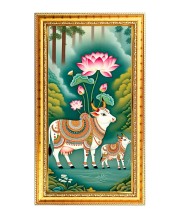 Cows With Lotus Flower Digital Golden Color Photo Frame | Hindu Religious Wall Decor | 10x17 Inches - Inspirational Wall Art For Office, Home Decor - Ideal Spiritual Gift (F10194)
