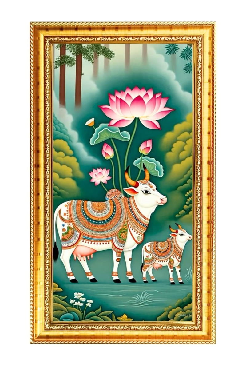 Cows With Lotus Flower Digital Golden Color Photo Frame | Hindu Religious Wall Decor | 12x19 Inches - Inspirational Wall Art For Office, Home Decor - Ideal Spiritual Gift (F10194)