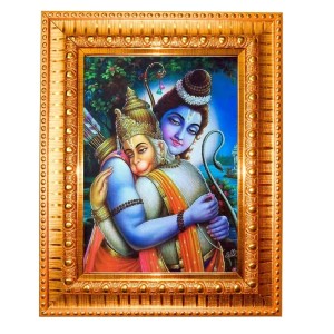 Lord Rama And Hanuman Golden Designer Photo Frame | 10x14 Inch Religious Wall Hanging Frame For Home & Office Decoration | Hindu Deity Spiritual Gift Item