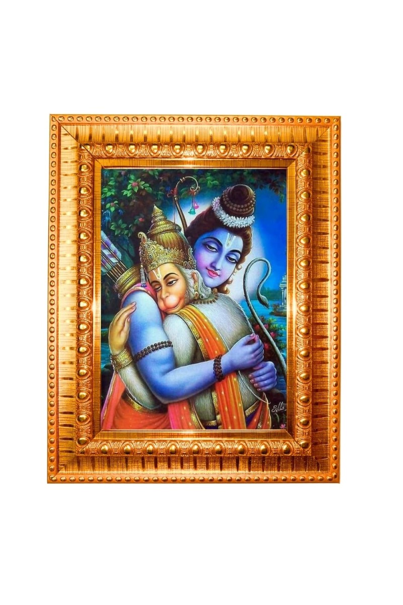 Lord Rama And Hanuman Golden Designer Photo Frame | 10x14 Inch Religious Wall Hanging Frame For Home & Office Decoration | Hindu Deity Spiritual Gift Item