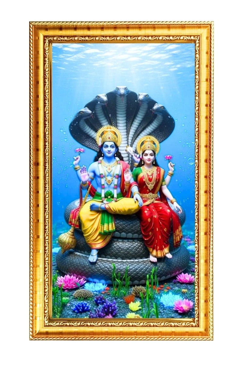 Lord Vishnu & Lakhsmi Digital Golden Color Photo Frame | Hindu Religious Wall Decor | 8x15 Inches - Inspirational Wall Art For Office, Home Decor - Ideal Spiritual Gift (F10215)