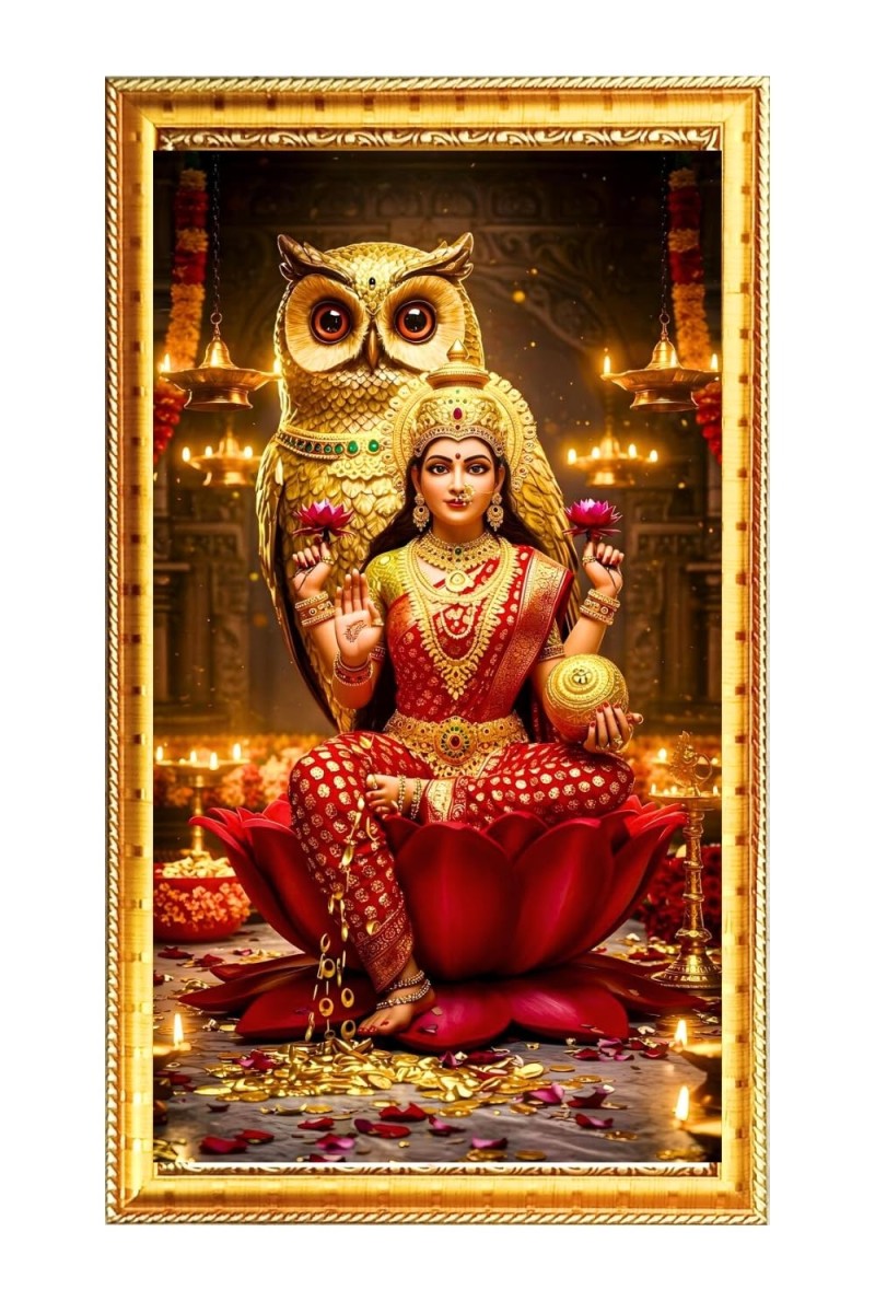 Mata Laxmi Digital Golden Color Photo Frame | Hindu Religious Wall Decor | 8x15 Inches - Inspirational Wall Art For Office, Home Decor - Ideal Spiritual Gift (F10205)