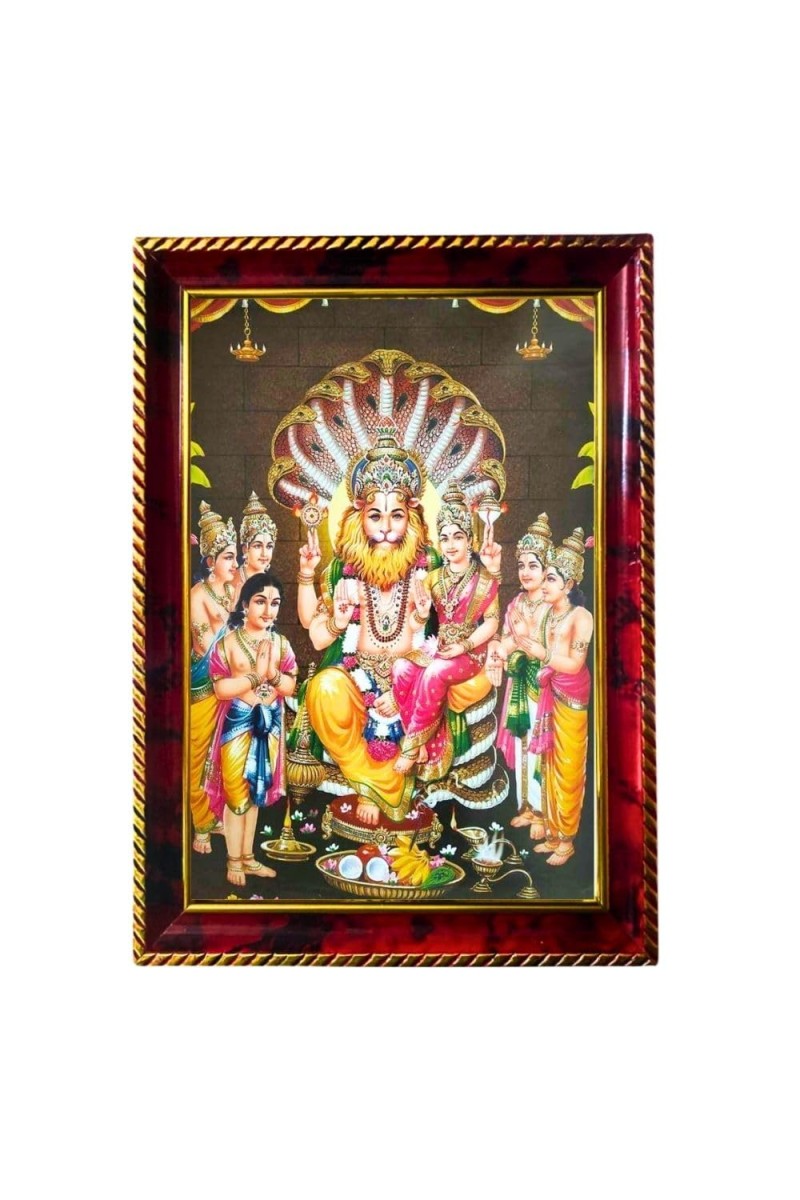 Lakshmi Narasimha Photo Frame For Wall & Table | 7x9 Inch Golden Cherry Finish | Decorative Lakshmi Narasimha Photo Frame For Home, Office & Pooja Room (F11839)