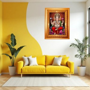Lord Ganesh Golden Designer Photo Frame | 10x14 Inch Religious Wall Hanging Frame For Home & Office Decoration | Hindu Deity Lord Ganesh Spiritual Gift Item