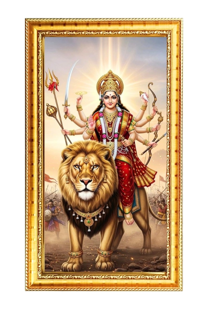 Devi Durga Digital Golden Color Photo Frame | Hindu Religious Wall Decor | 10x17 Inches - Inspirational Wall Art For Office, Home Decor - Ideal Spiritual Gift (F10253)
