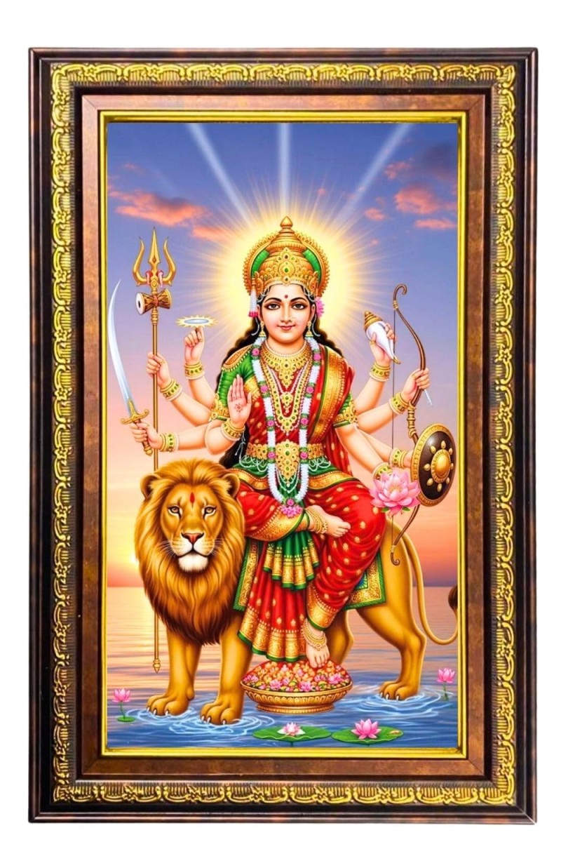 Goddess Durga Digital Golden Balck Color Photo Frame | Hindu Religious Wall Decor | 10x16 Inches - Inspirational Wall Art For Office, Home Decor - Ideal Spiritual Gift (F16877)