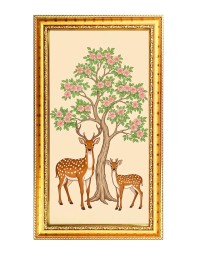Two Deer Near Blooming Tree Digital Golden Color Photo Frame | Hindu Religious Wall Decor | 8x15 Inches - Inspirational Wall Art For Office, Home Decor - Ideal Spiritual Gift (F10195)