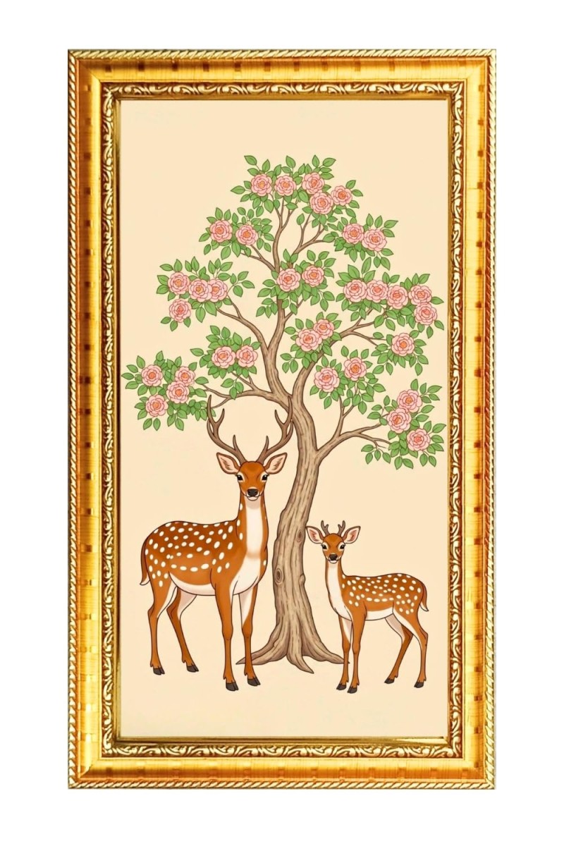 Two Deer Near Blooming Tree Digital Golden Color Photo Frame | Hindu Religious Wall Decor | 10x17 Inches - Inspirational Wall Art For Office, Home Decor - Ideal Spiritual Gift (F10195)