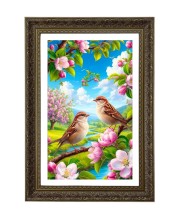 Sparrows On A Cherry Blossom Branch Big Photo Frame - 20x28 Inches For Home,Temple & Office Decoration (F10678)
