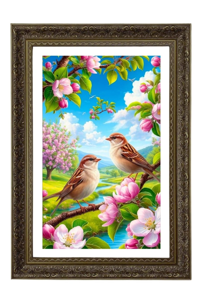 Sparrows On A Cherry Blossom Branch Big Photo Frame - 20x28 Inches For Home,Temple & Office Decoration (F10678)