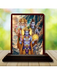 Car Desk/Table Top Lord Bramha Vishnu Shiva Wooden Photo Stand 3x4 Inches, Compact & Stylish Spiritual Display For Car, Home & Office (Pack Of 1) (F14289)