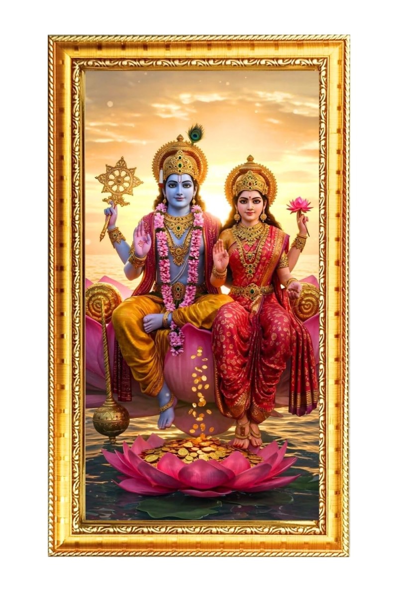 Lakhsmi & Narayan Digital Golden Color Photo Frame | Hindu Religious Wall Decor | 12x19 Inches - Inspirational Wall Art For Office, Home Decor - Ideal Spiritual Gift (F10218)