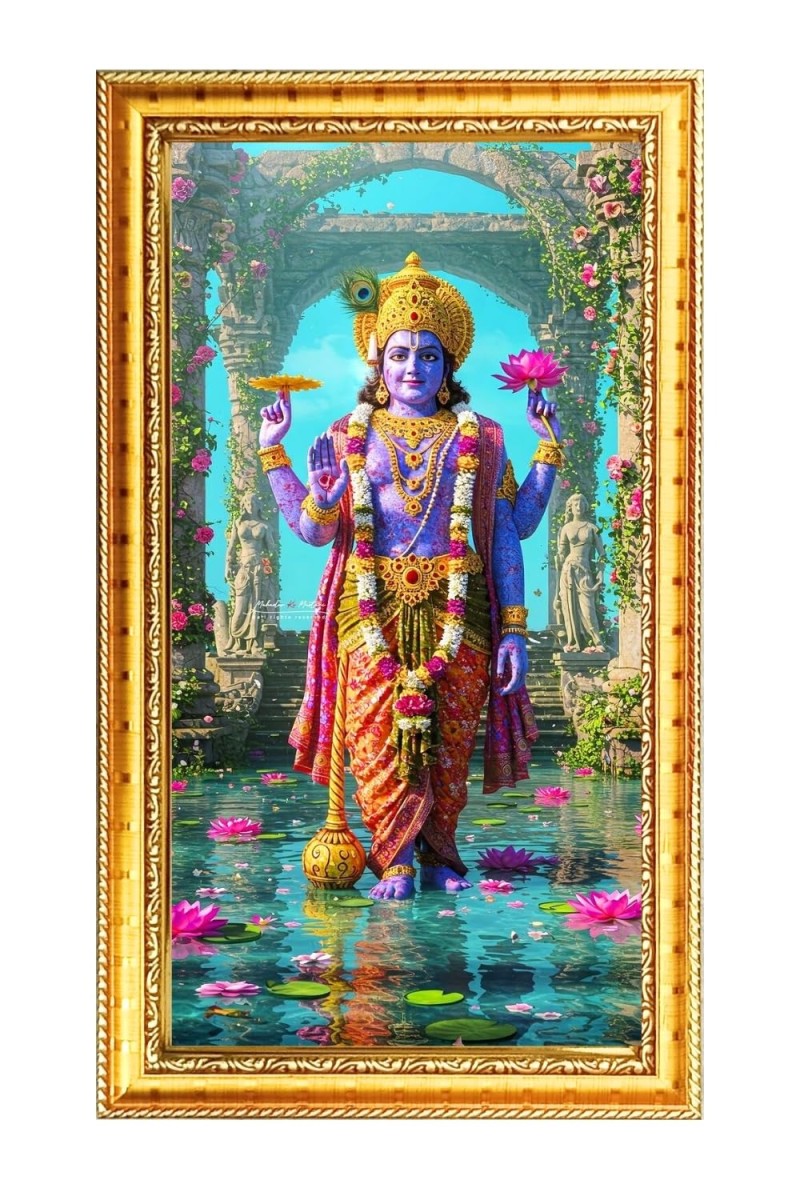 Lord Vishnu Digital Golden Color Photo Frame | Hindu Religious Wall Decor | 8x15 Inches - Inspirational Wall Art For Office, Home Decor - Ideal Spiritual Gift (F10222)
