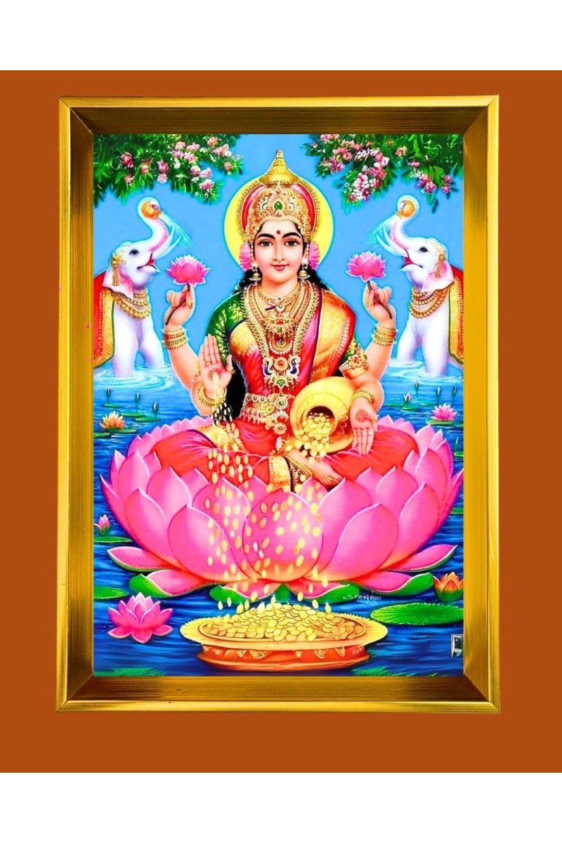 Mata Lakhsmi Golden Photo Frame - 12x16 Inches | Elegant Wooden Frame For Home, Office & Temple Decoration | Spiritual Wall & Table Decor And Gift Item (F9754)